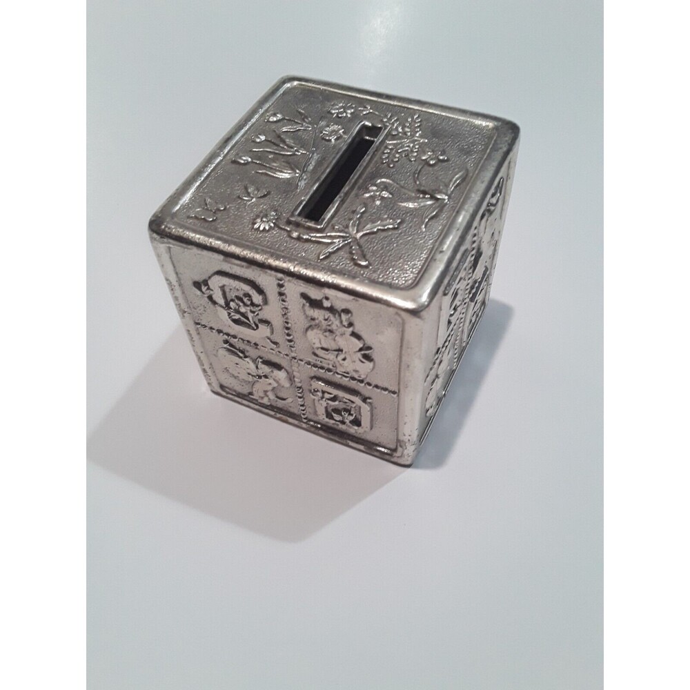 Vintage Metal Bank. Alphabet. Nursery Rhyme, Japan, Silvertone